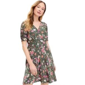 LOFT Country Garden Puff Sleeve V-Neck Mini Dress Size 6 Floral Print